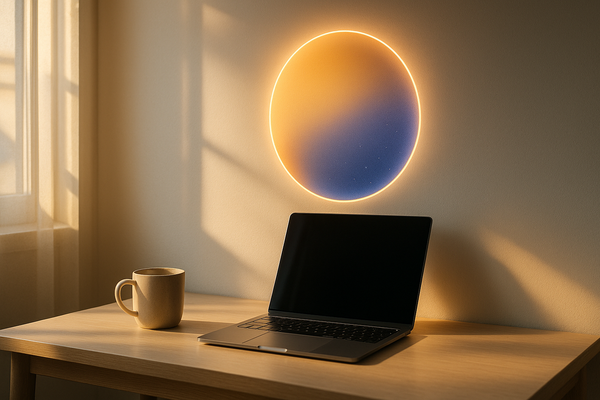 High-quality photo-style image of a minimalist desk setup with a laptop and mug, bathed in soft morning light. Behind the desk on the wall, a glowing circular circadian clock illustration radiates gently, with warm-to-cool tones symbolizing the cycle of day and night. The light feels natural and immersive, creating a balance of science and wellness. Clean, modern, premium aesthetic.