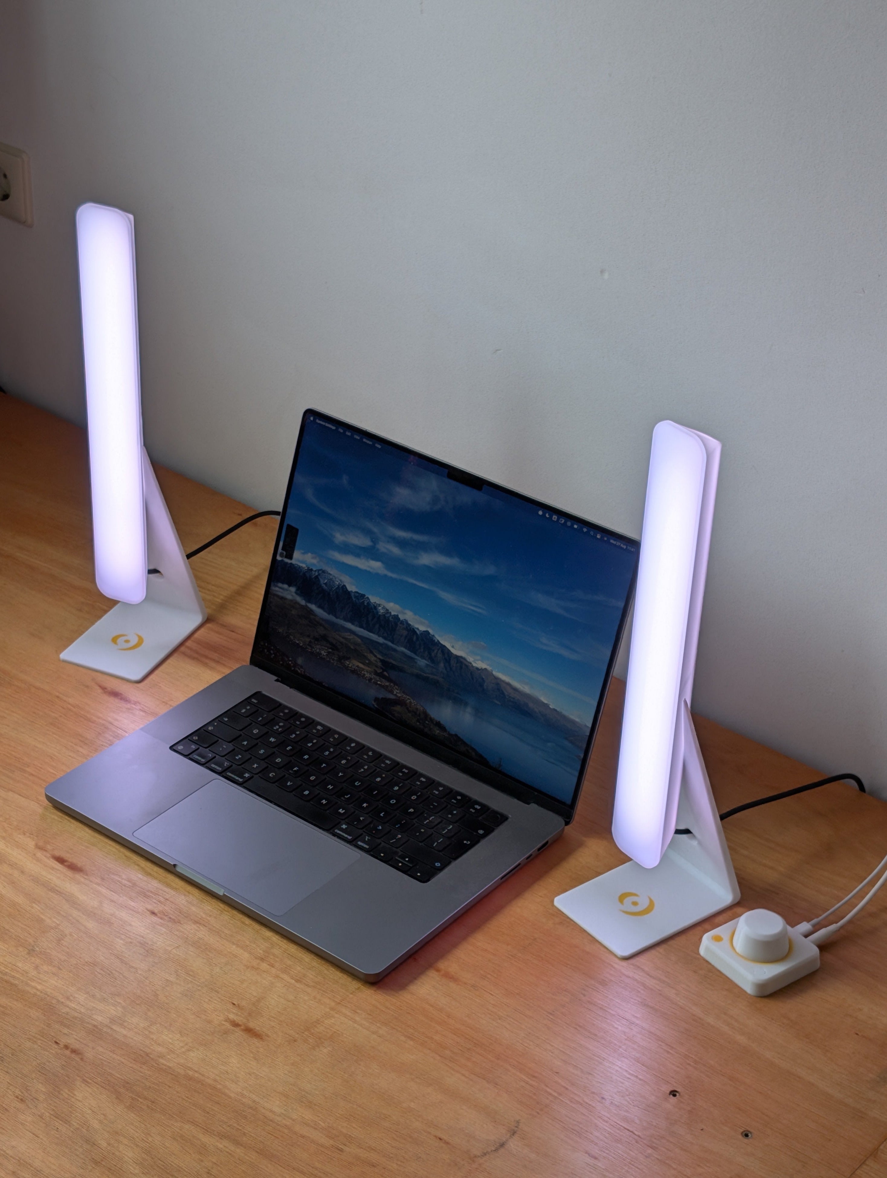 Laptop on a wooden desk with two Opal ENERGY BARS on either side.